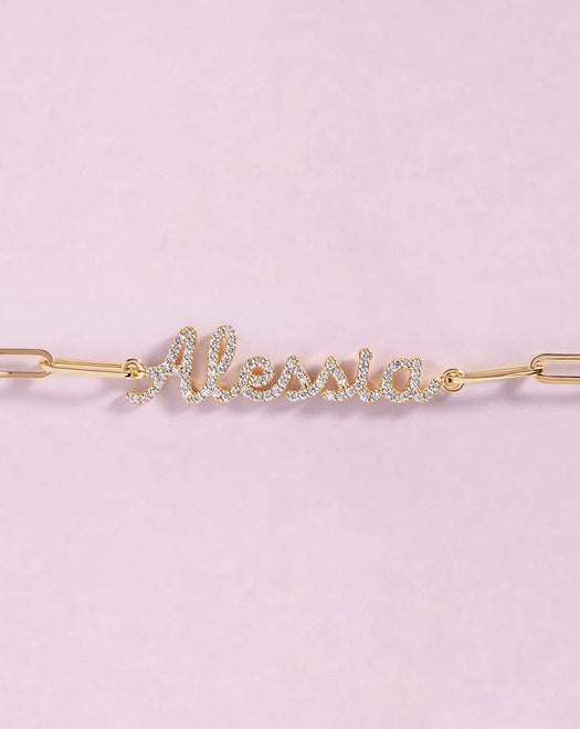 Diamond Script Name On Paper Clip Bracelet - Sparkle Society