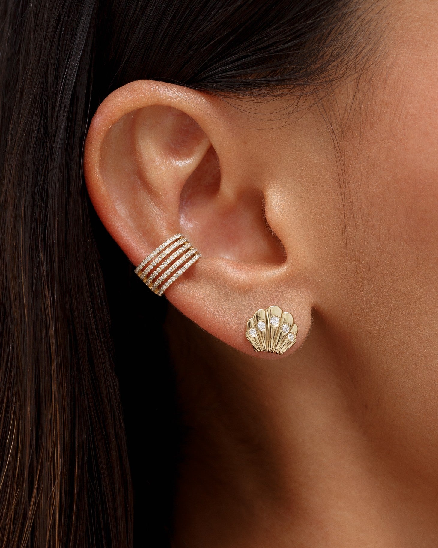 Gold and Diamond Seashell Studs - Sparkle Society