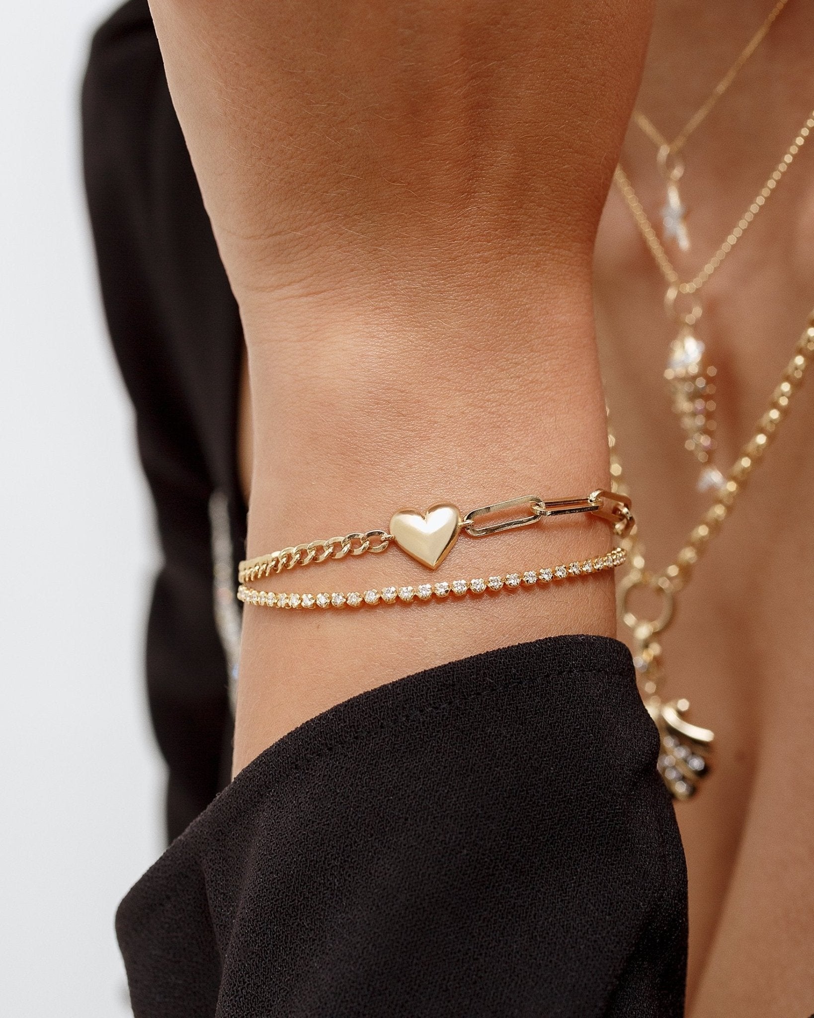 Gold Puffed Heart Half Cuban Paper Clip Bracelet - Sparkle Society