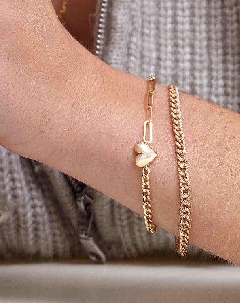 Gold Puffed Heart Half Cuban Paper Clip Bracelet - Sparkle Society