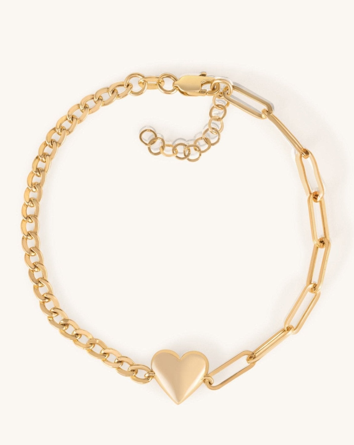 Gold Puffed Heart Half Cuban Paper Clip Bracelet - Sparkle Society