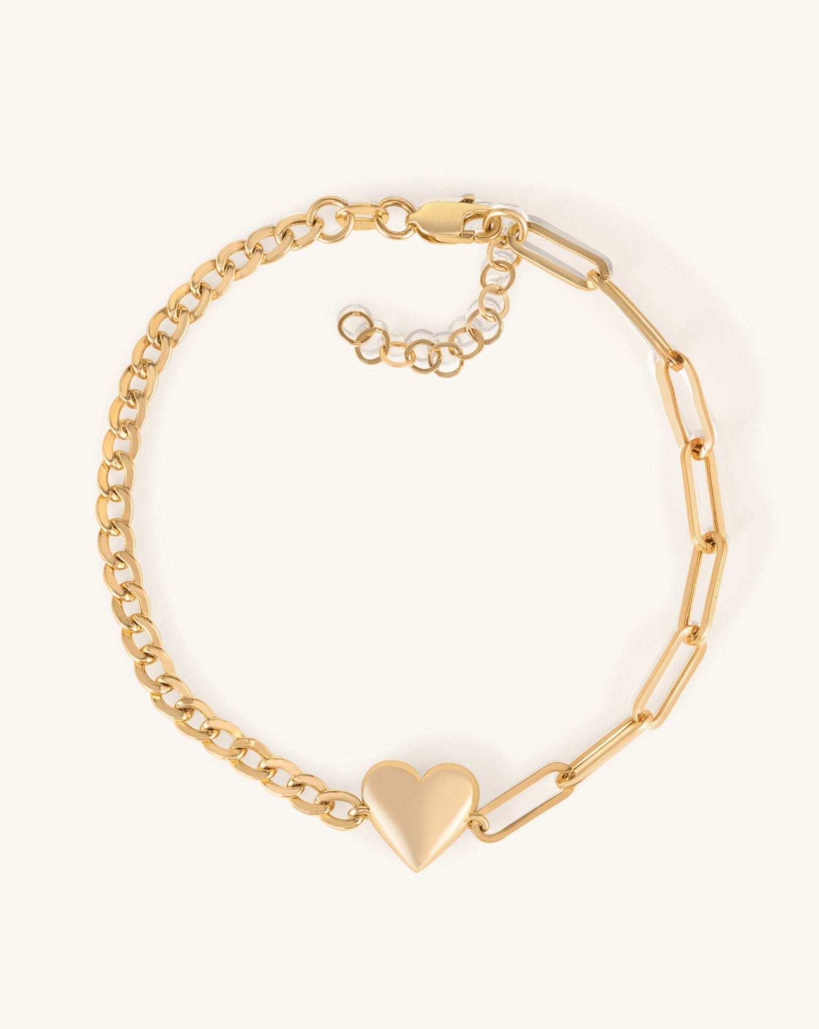 Gold Puffed Heart Half Cuban Paper Clip Bracelet - Sparkle Society