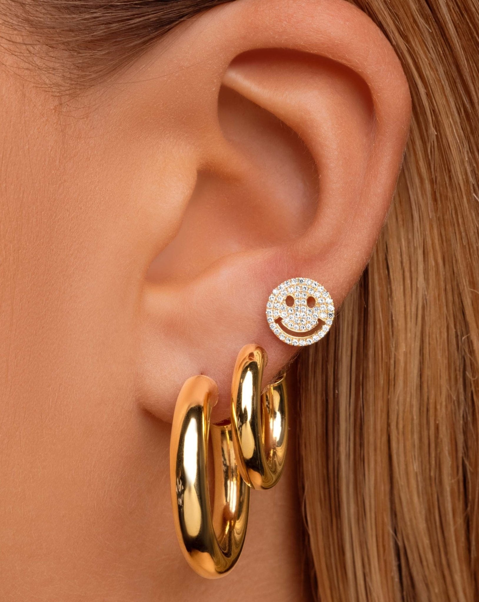 Large Diamond Pave Smiley Face Studs - Sparkle Society