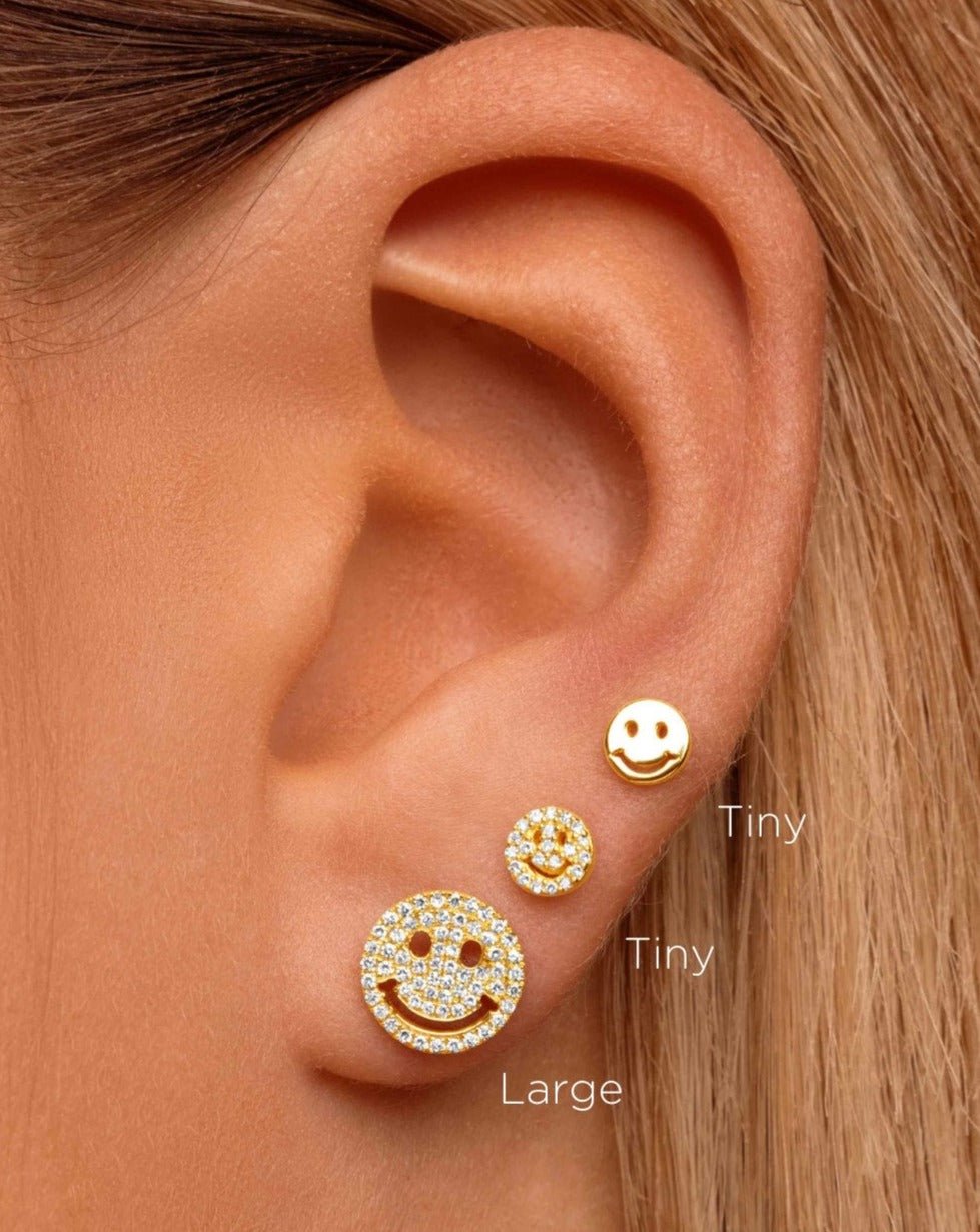 Large Diamond Pave Smiley Face Studs - Sparkle Society