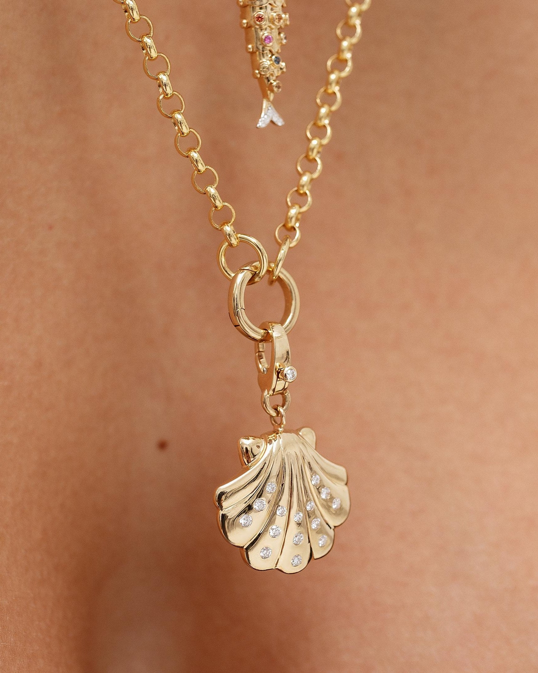 Large Gold and Diamond Seashell Necklace Charm - Sparkle Society