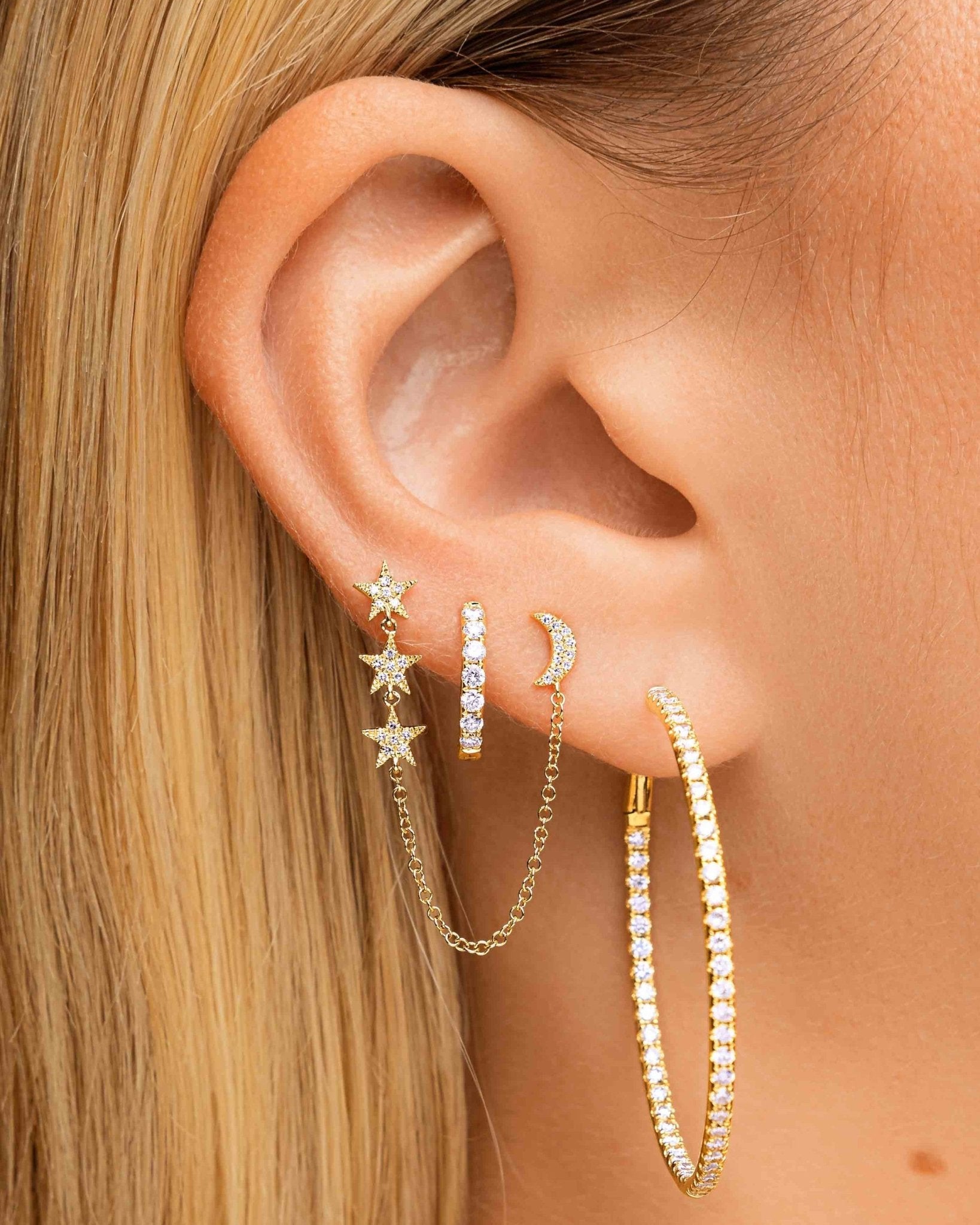 Moon & Star Double Chain Drop Earrings - Sparkle Society