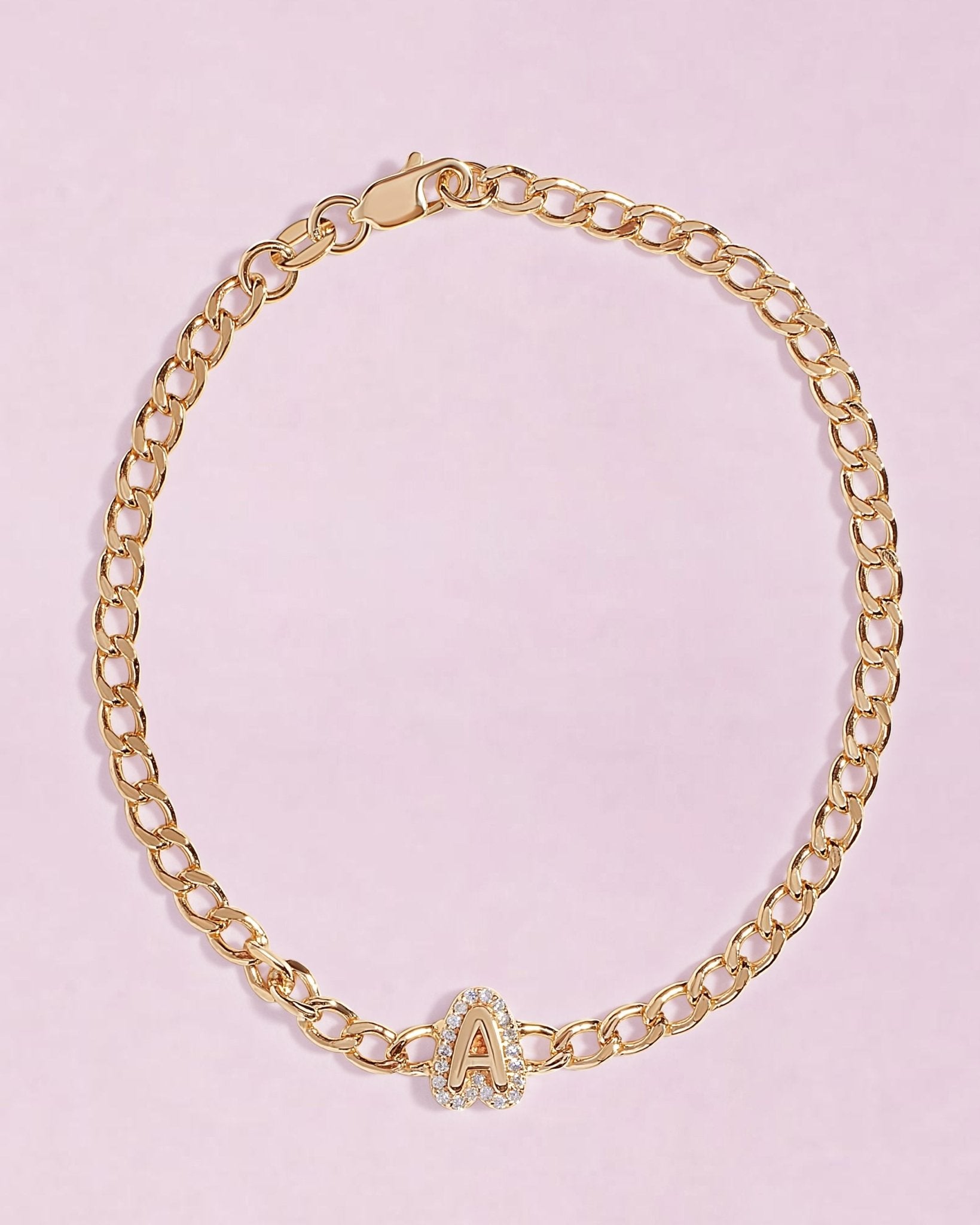 Pave Outline Bubble Initial On Curb Chain Bracelet - Sparkle Society