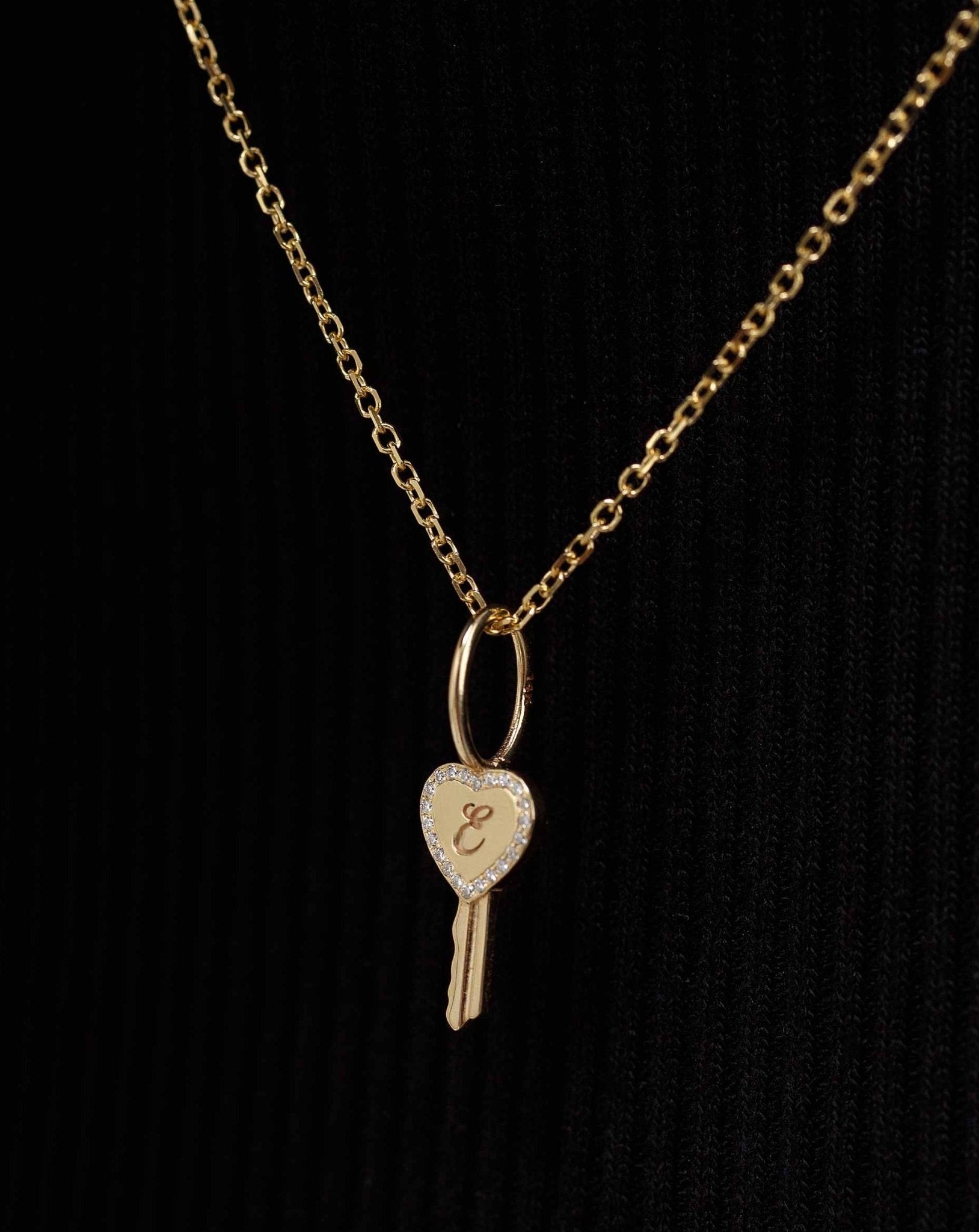 Pave Outline Gold Heart Key Initial Necklace Charm - Sparkle Society
