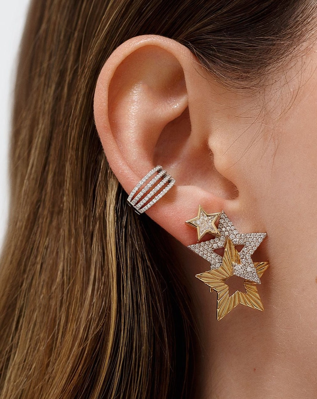 Radiant Gold And Diamond Double Star Stud - Sparkle Society