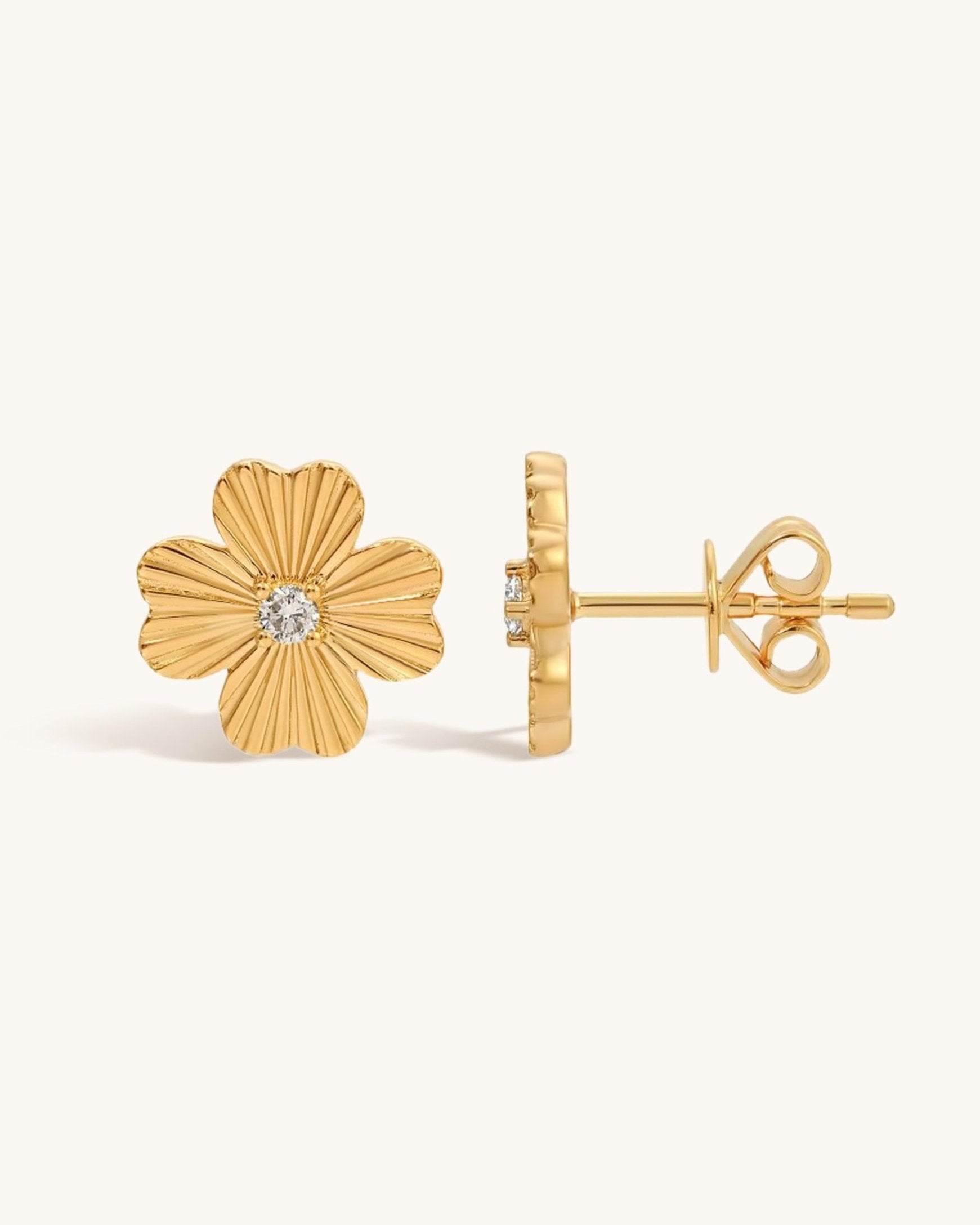 Single Diamond Gold Fluted Flower Studs - Sparkle Society