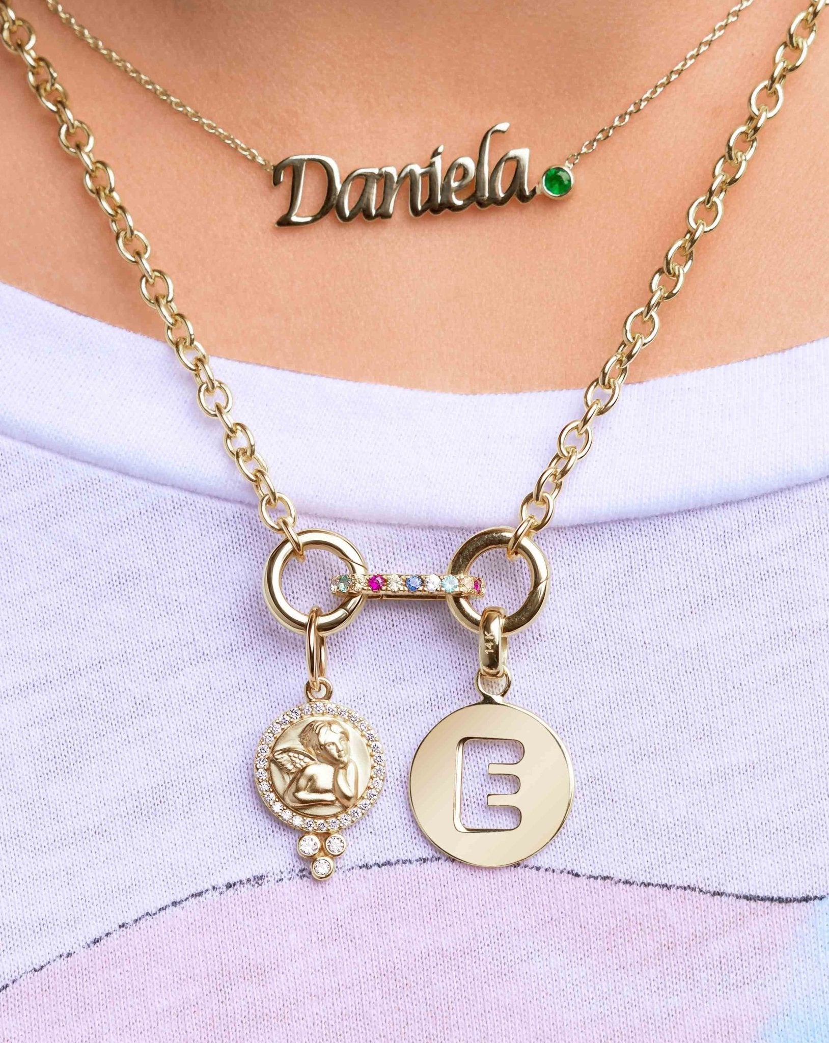 Solid Gold Cutout Initial Disc Necklace Charm - Sparkle Society