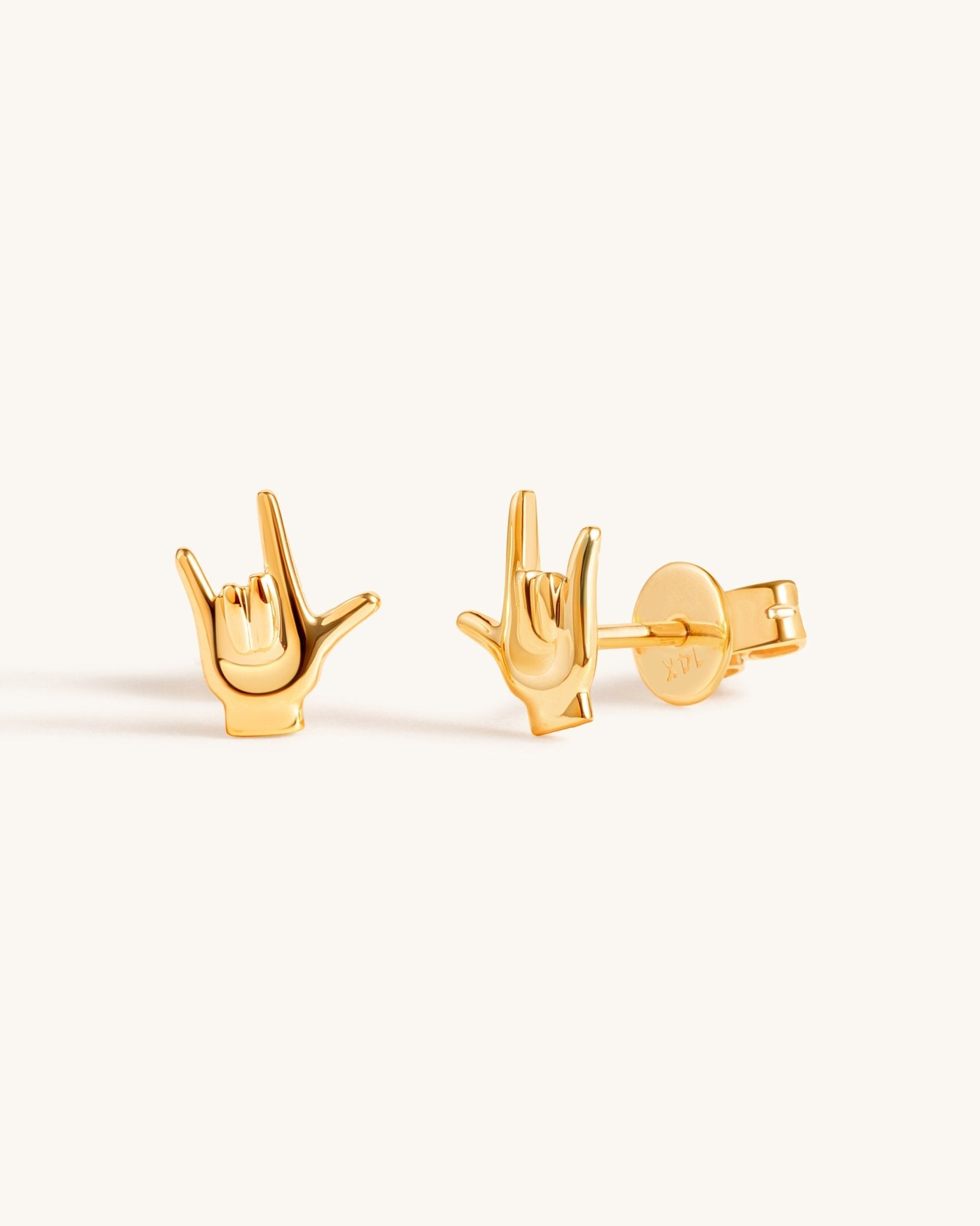 Solid Gold Rock On Hand Sign Studs - Sparkle Society