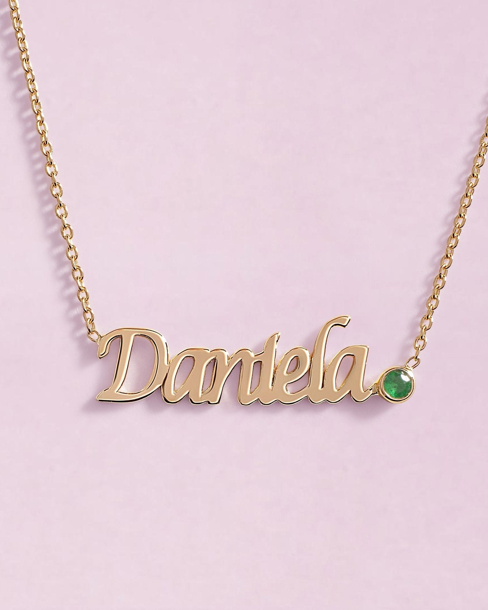 Solid Gold Script Name & Gemstone Bezel Necklace - Sparkle Society