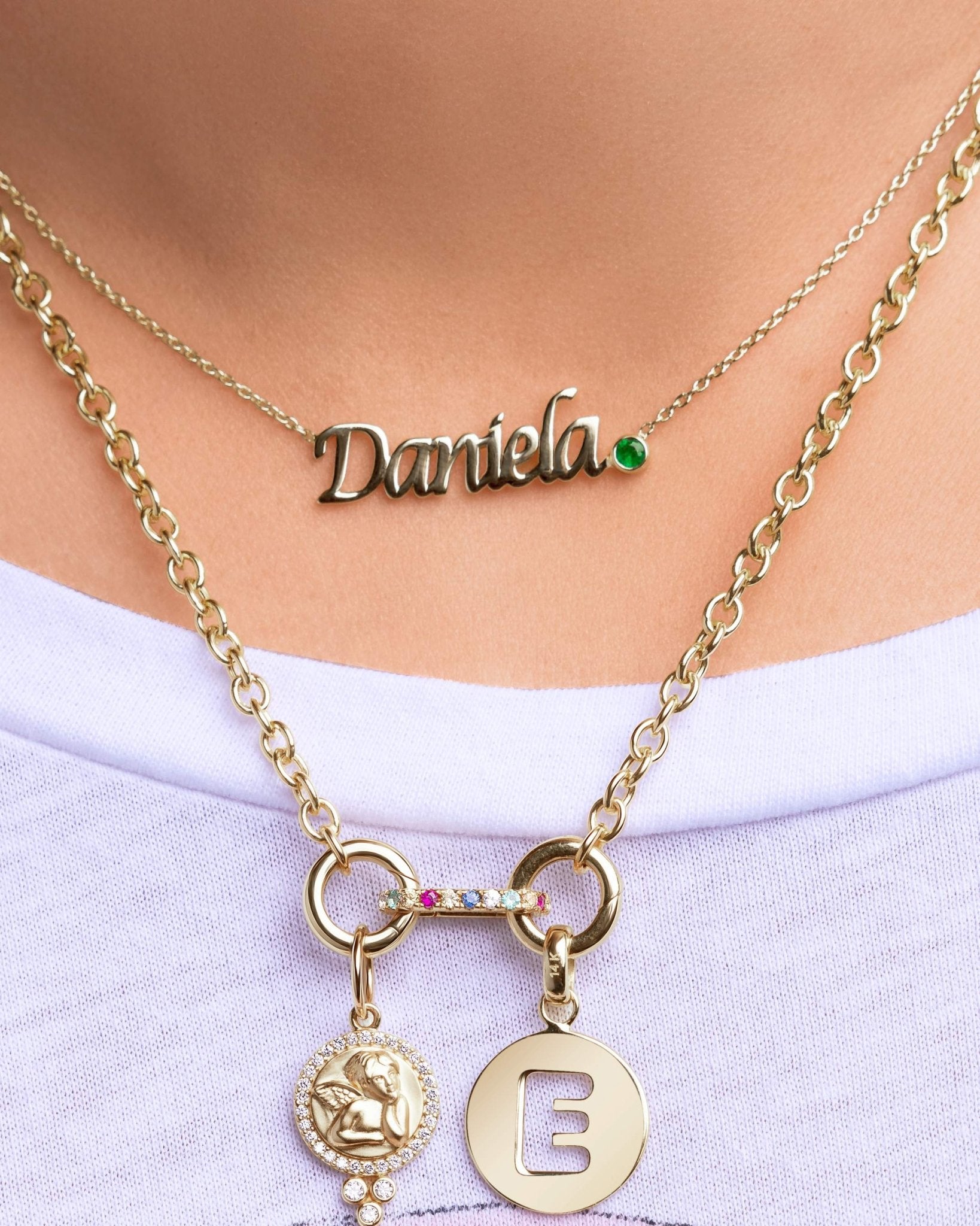 Solid Gold Script Name & Gemstone Bezel Necklace - Sparkle Society