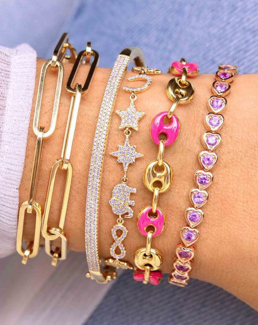 Jumbo Multi Gemstone Heart Bracelet | Sparkle Society 14K Yellow Gold / Pink Enamel